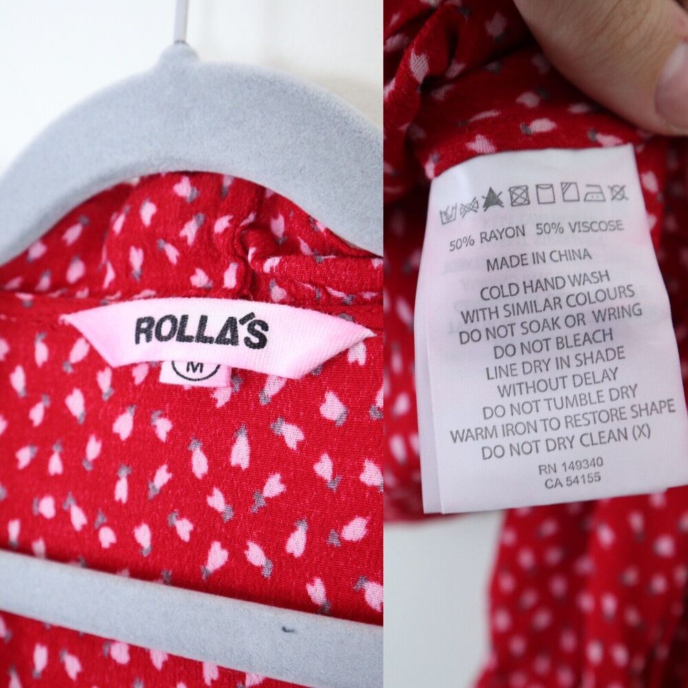 ROLLA’S Size M Lily Blouse Ruffle Trim Long Sleeve Red Pink Mini Tulip Print - Picture 3 of 11
